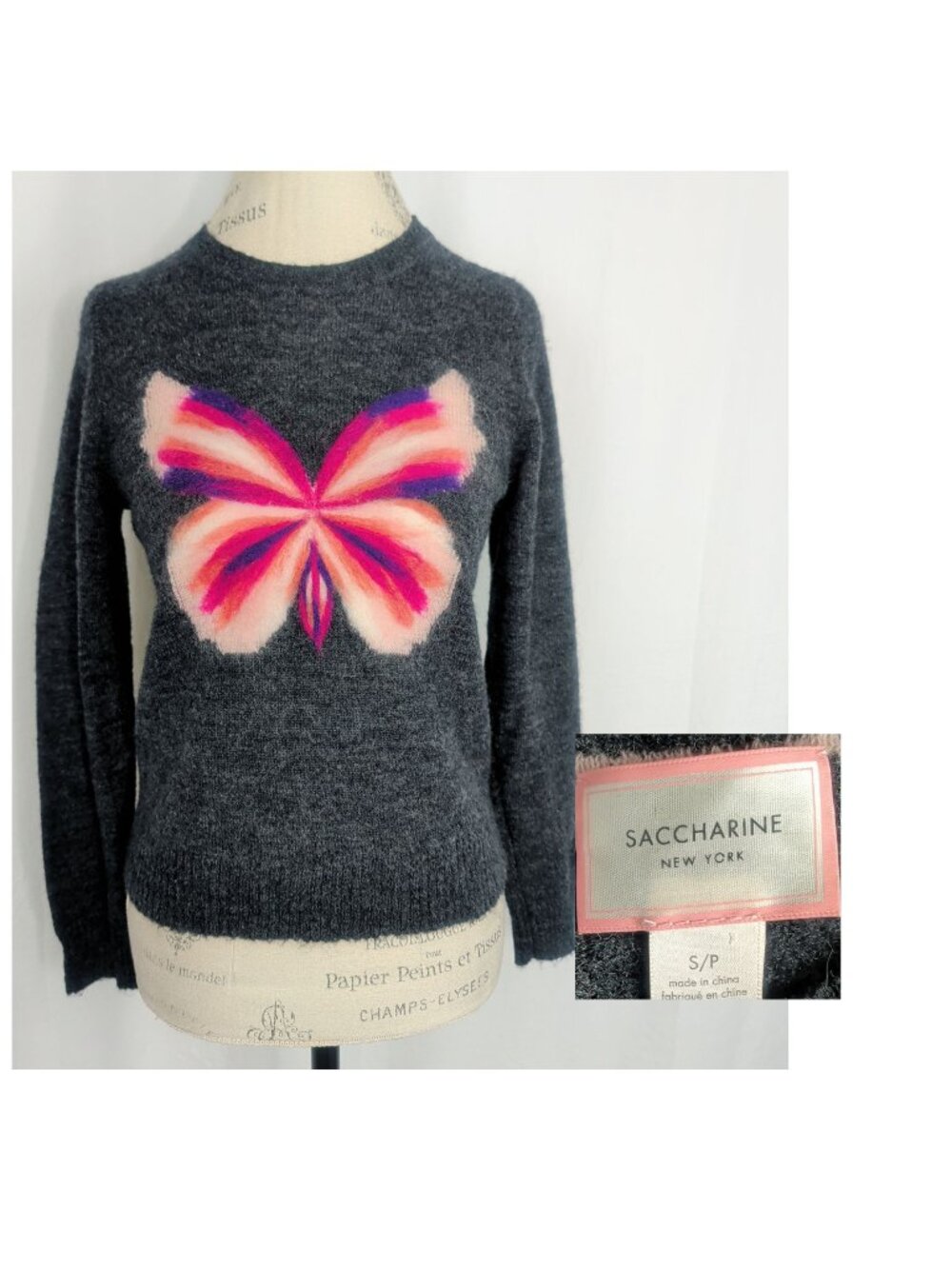 Butterfly Gray Knit Sweater Small Saccharine NY